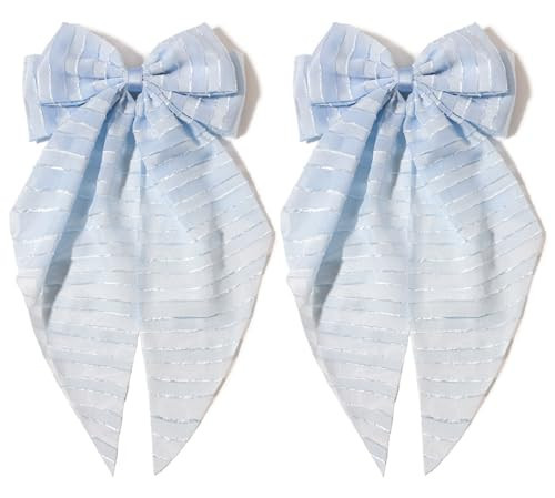 Bow Hair Clips for Women - Big Blue Hair Bows for Girls with Metal Clip Long Tail - Tulle Hair Clips Ribbon Bows Hair Accessories 2Pack | Amazon (US)