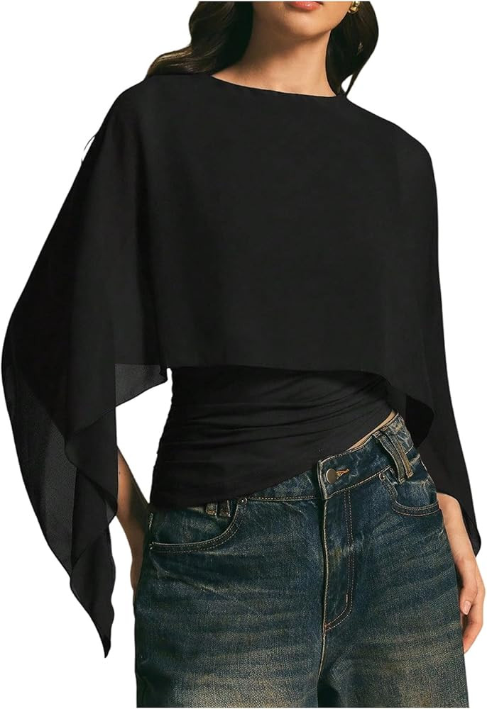 MakeMeChic Women's Asymmetrical Crop Tops Dressy Blouse Chiffon Mesh Sheer Summer Going Out Tops | Amazon (US)