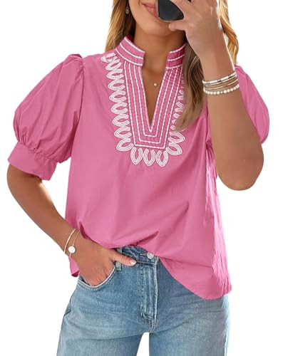 Cicy Bell Womens Puff Short Sleeve Blouses Summer Casual Dressy Embroidered V Neck Tops Loose Fit... | Amazon (US)