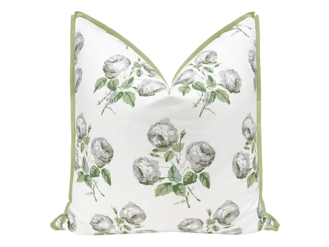 Colefax & Fowler Bowood // White + Leaf with Butterfly Flange pillow | floral print | flange pill... | Etsy (US)