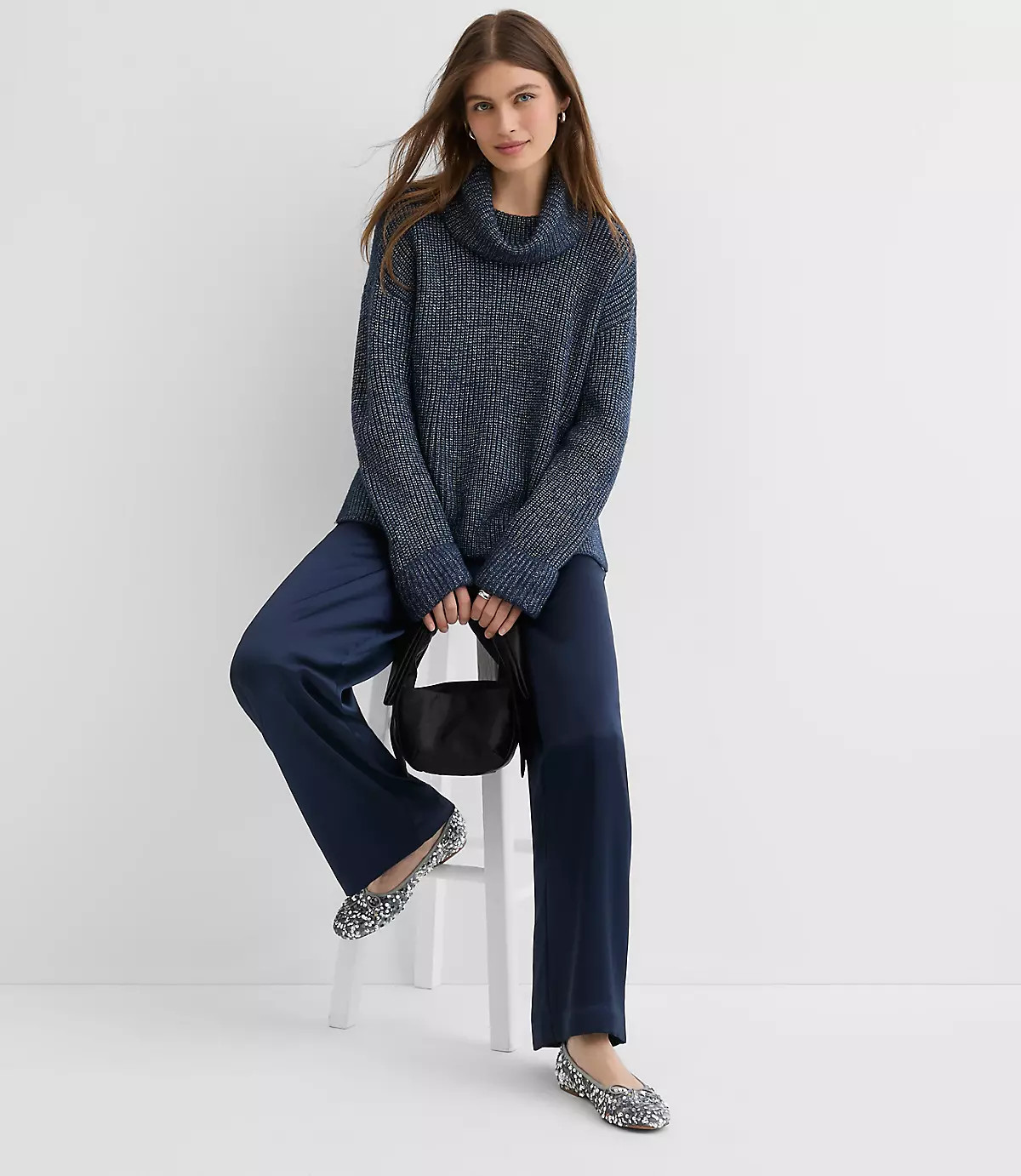 Shimmer Cuffed Ribbed Mock Neck Sweater | LOFT