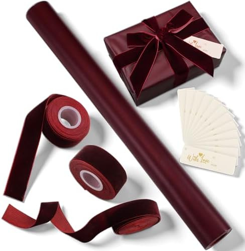 Ctosree Christmas Wrapping Paper Set with 32.81 ft Wrapping Kraft Paper 45 ft Velvet Ribbon 12 Gi... | Amazon (US)