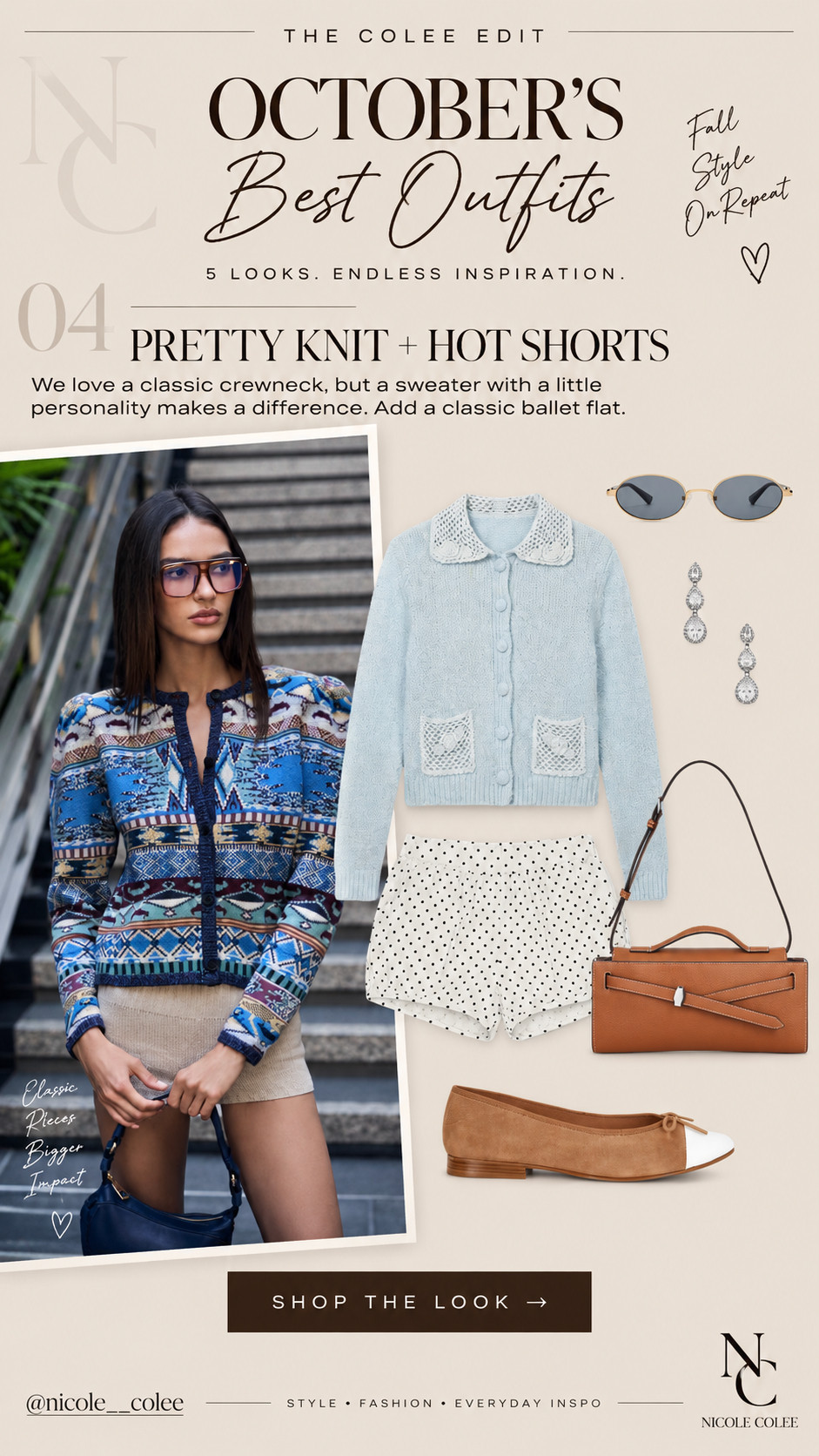 04 — PRETTY KNIT + HOT SHORTS
A pretty knit + tiny shorts might just be my favorite transitional-weather combination. 💙 Add a ballet flat, structured bag, statement earrings + sunnies and suddenly “sweater and shorts” feels completely intentional. Cute, a little unexpected and very October. Shop the full look here on LTK!

#LTKdayinmylife #LTKootd #LTKSeasonal
