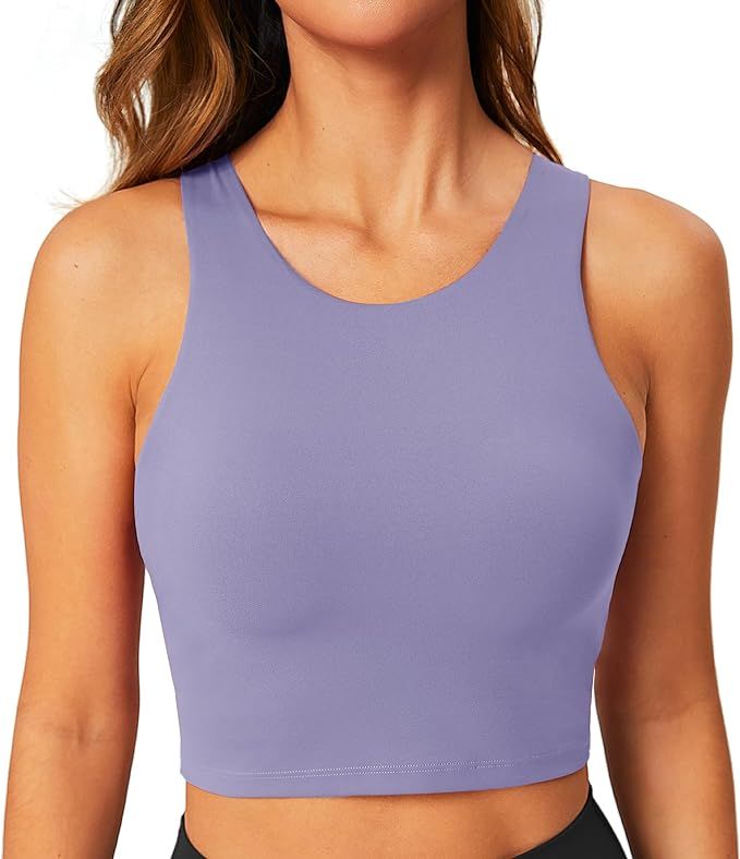 Longline Sports Bra High Neck Crop Top with Built in Bra Racerback Tank Tops Removable Padded Yog... | Amazon (US)
