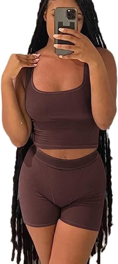 Casual Workout Sets Two Piece Outfits for Women Ribbed Crop Tank Top High Waist Yoga Leggings Act... | Amazon (US)