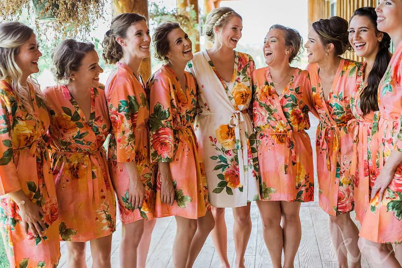 Coral Large Floral Blossom Bridesmaids Robe Sets | Kimono Robes. Bridesmaids gifts. Getting ready... | Etsy (US)