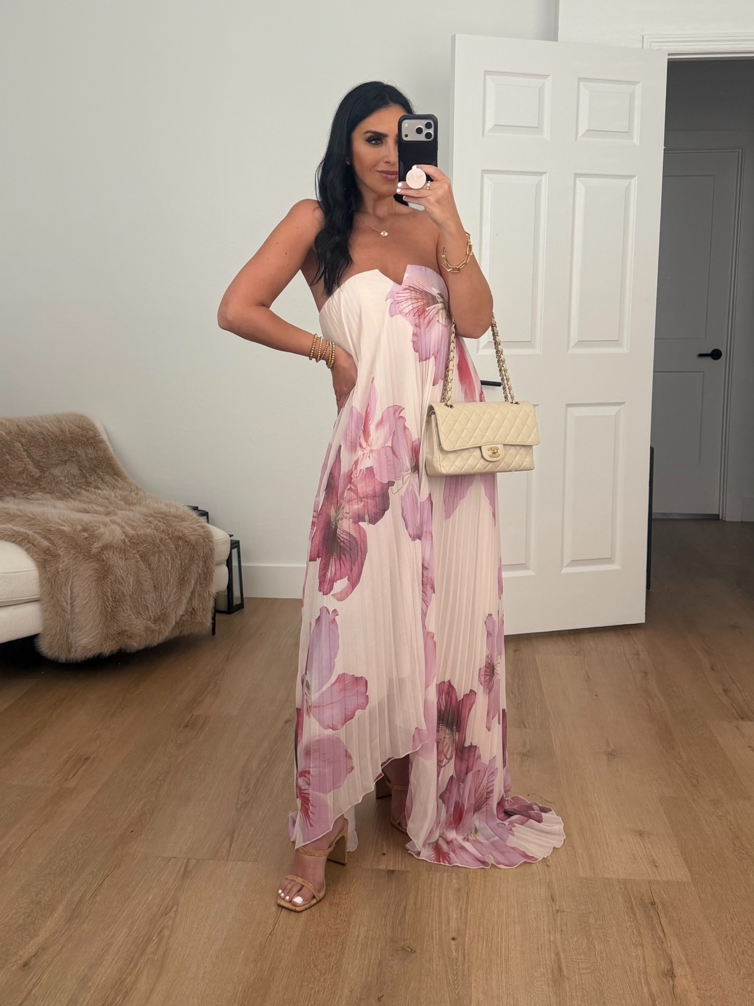 Floral Pleated Strapless Maxi Dress
