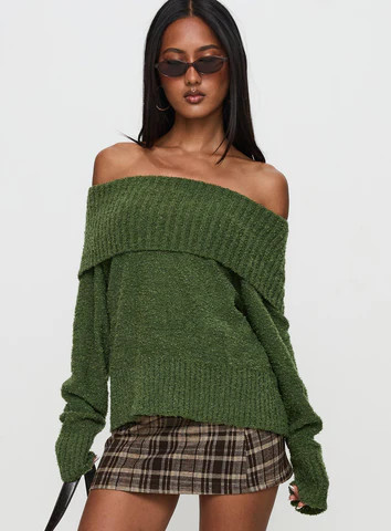 Parkley Boucle Off The Shoulder Sweater Olive | Princess Polly US