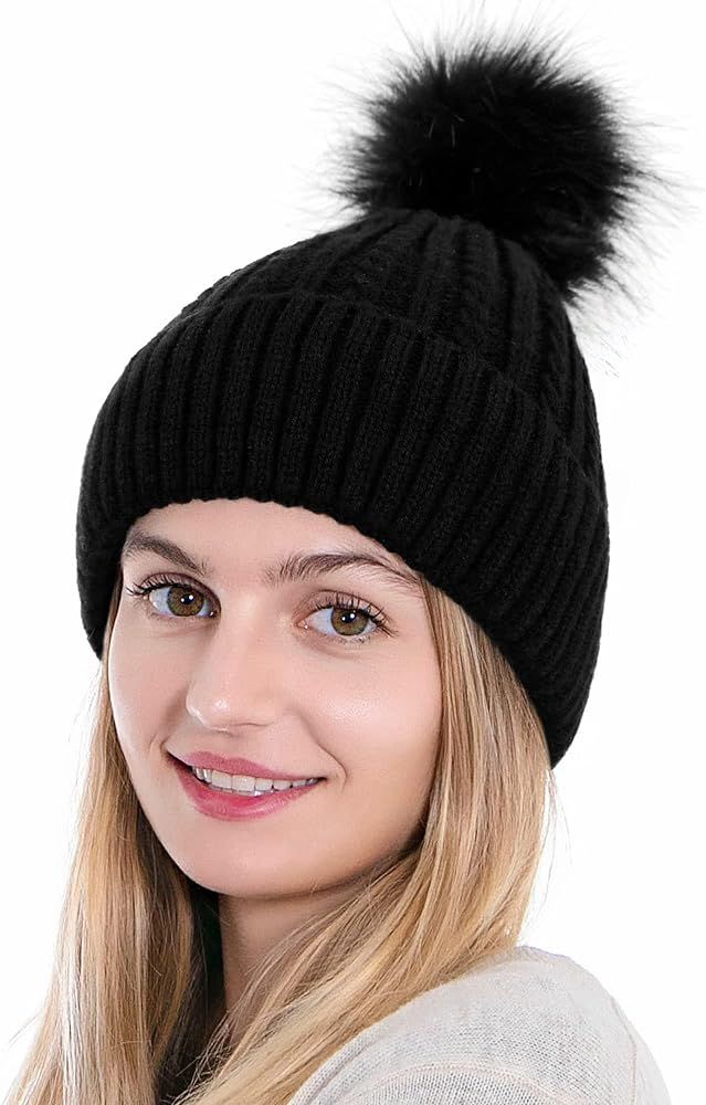 Simplicity Womens Beanie Hat Winter Hat Warm Fleece Lined Cable Knit Skull Ski Pom Pom Beanie for... | Amazon (US)