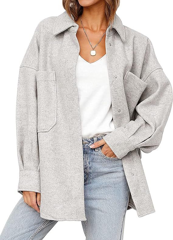 Qiaomai Womens Loose Fall Shacket Wool Blend Lapel Snap Button Pocketed Midi Solid Coat | Amazon (US)