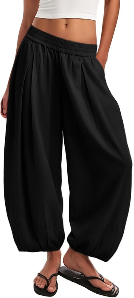 Womens Balloon Pants Wide Leg Barrel Pants Baggy Trousers Elastic Waist Casual Lounge Travel Pant... | Amazon (US)