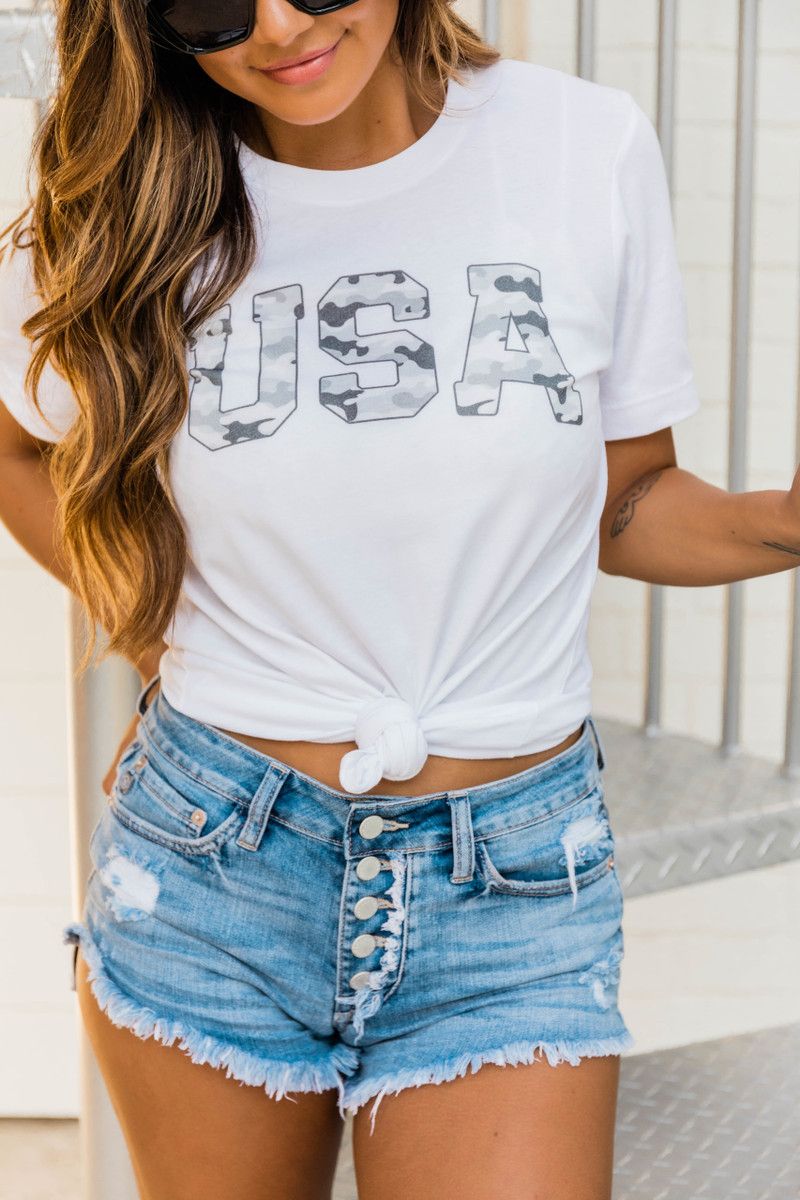 USA Grey Graphic Camo Tee White | The Pink Lily Boutique
