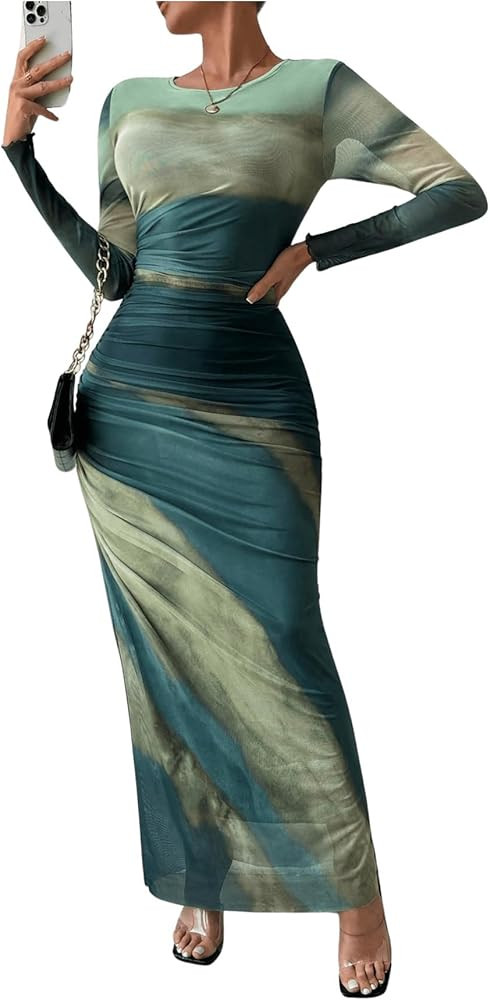 Floerns Women's Tie Dye Long Sleeve Maxi Dress Ruched Bodycon Prom Dress | Amazon (US)