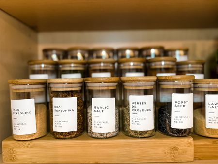 Kitchen organization spice jars with labels custom labels for seasonings organizing the home for new years 
#organization #kitchen #glassjars #containers containers #bamboo #labels 

#LTKhome