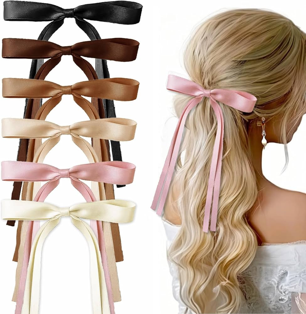 6 PCS Silk Hair Ribbons,Satin Ribbon Bows for Hair Coquette,Hair Ribbon Clip,Bows Coquette,Hair R... | Amazon (US)