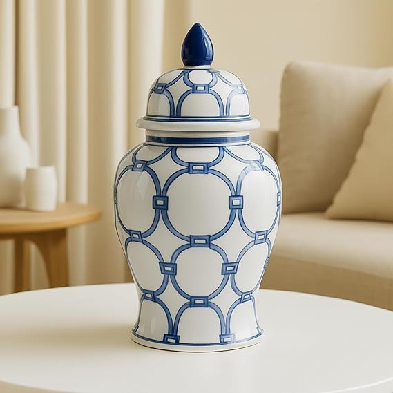 Chain Link Ginger Jar with Lid – Hand-Painted Stoneware Ceramic Decorative Vase for Home Decor ... | Amazon (US)