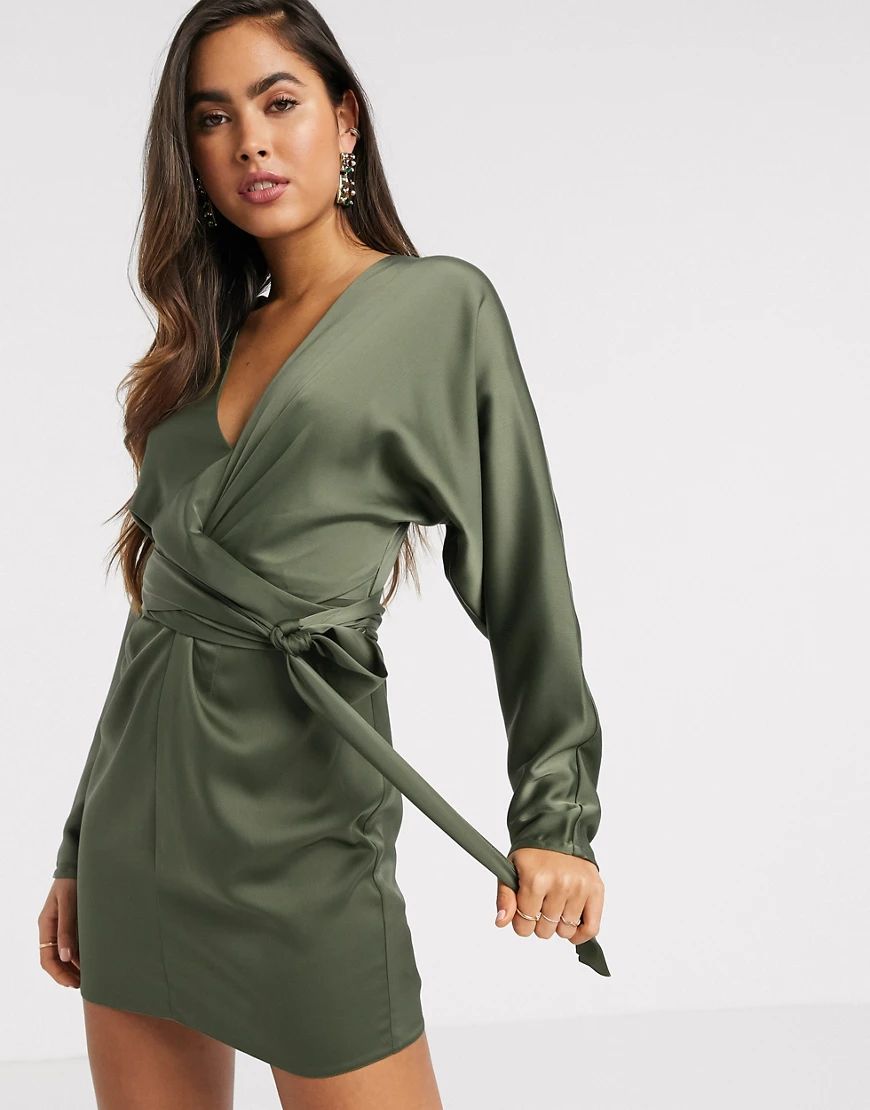 ASOS DESIGN mini dress with batwing sleeve and wrap waist in Khaki satin-Green | ASOS (Global)