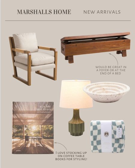 New arrivals at Marshall's Home! 

Wood and upholstered accent chair, wood storage bench, table lamp, textured display bowl, coffee table book for styling, checkered throw blanket

#LTKstyletip #LTKfindsunder100 #LTKhome
