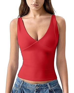 QINSEN Womens Double Lined Tank Tops Sexy V Neck Seamed Cup Adjustable Spaghetti Straps Camisole ... | Amazon (US)