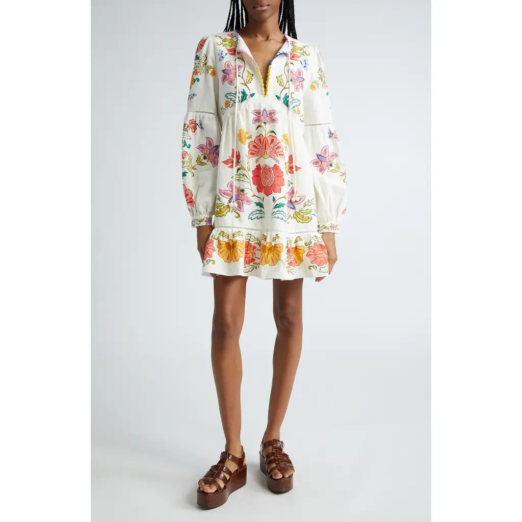 FARM Rio Floral Long Sleeve Linen Blend Minidress in Off-White at Nordstrom, Size Small | Nordstrom