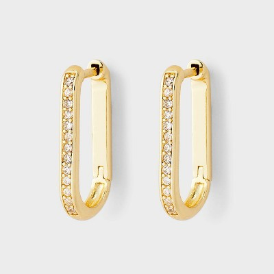 14K Gold Plated & Cubic Zirconia Pave Elongated Hoop Earrings - A New Day™ Gold | Target