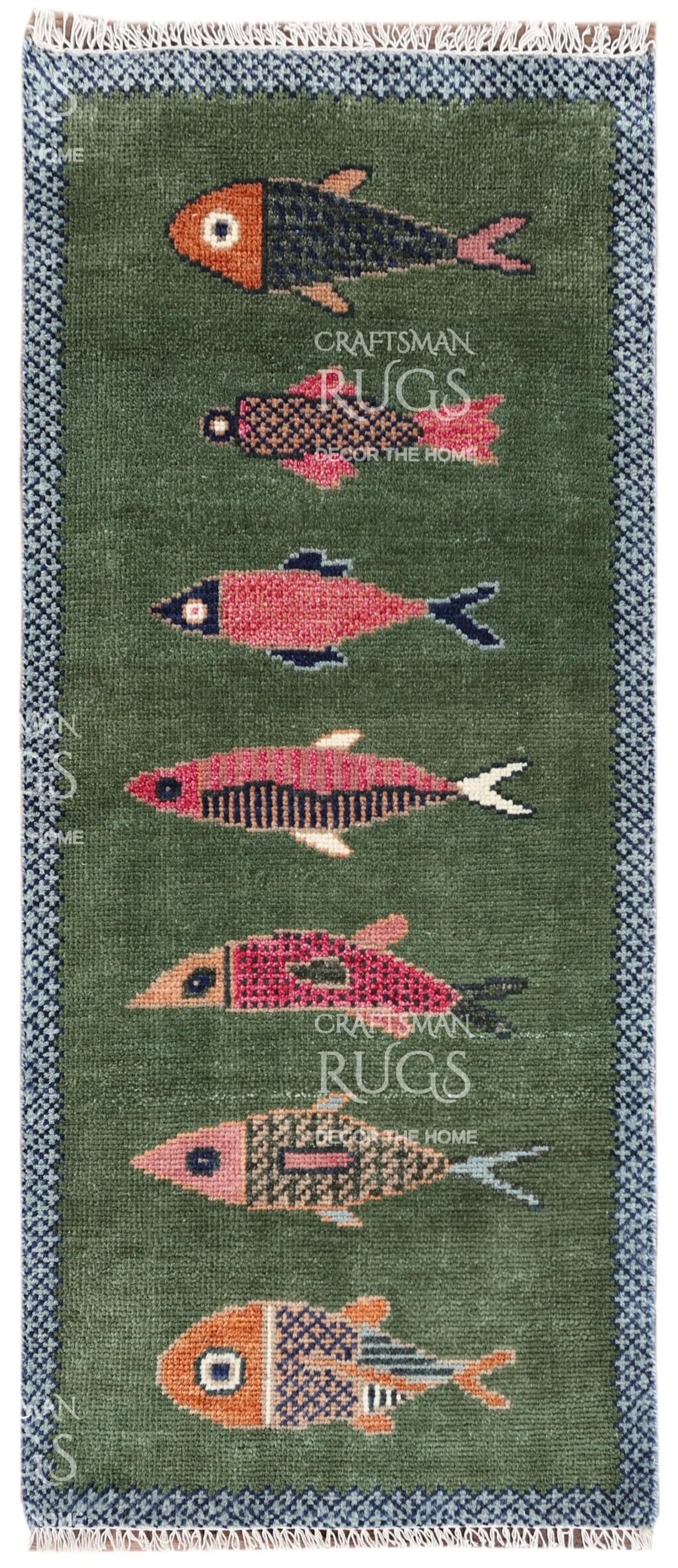 Handknotted Fish design Runner Rug - Blue - Green color Contemporary Style Wool Runner Rug - Hallway Runner - Kitchen runner - Boho runner | Etsy (Global)