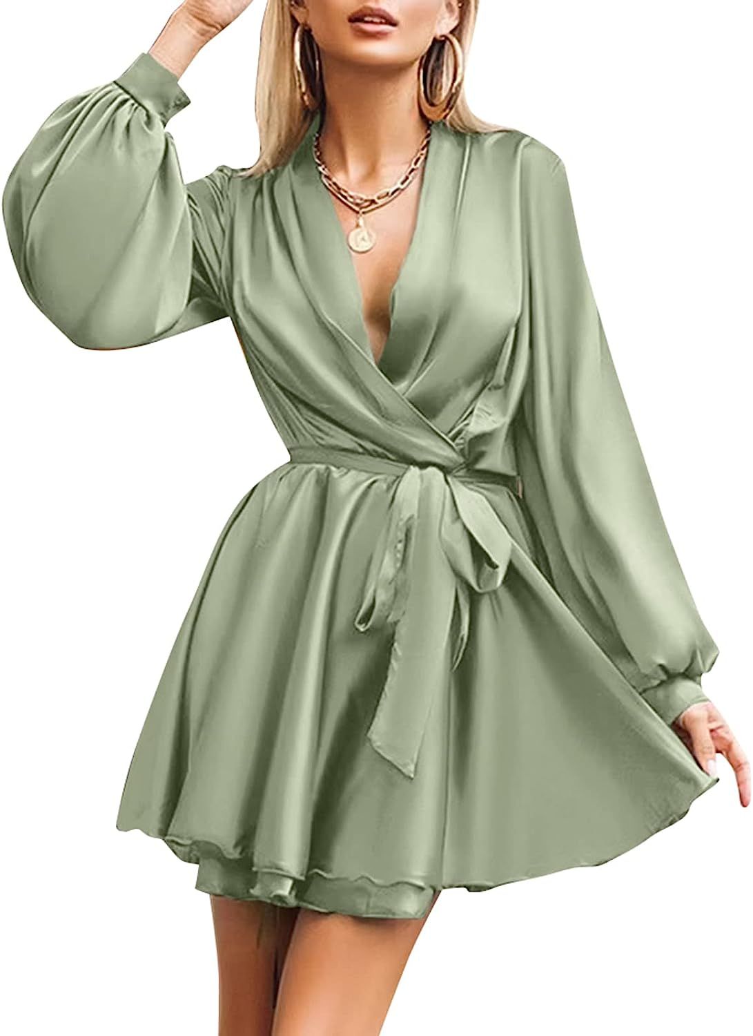 Celmia Women's Dress Sexy Wrap Dresses Long Sleeves V-Neck Lantern Sleeves Mini Dress Satin Casua... | Amazon (UK)