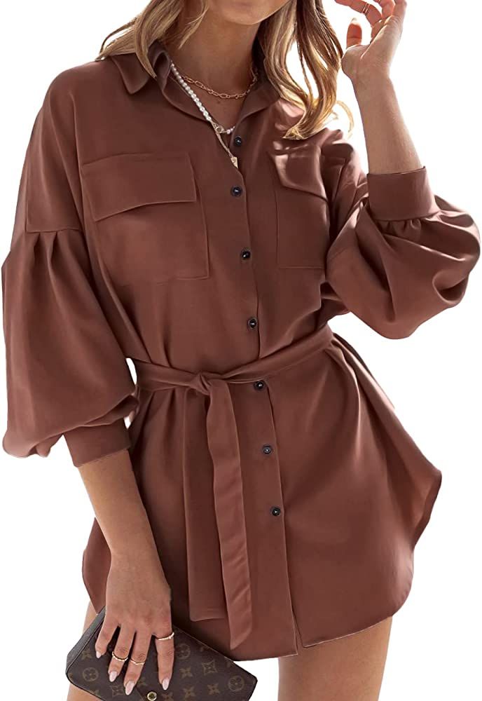 PRETTYGARDEN Women Button Down Belt Lantern Long Sleeve Casual Solid A Line Pockets Shirts Tunic ... | Amazon (US)