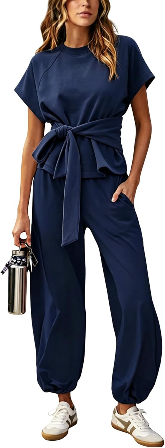 Women's 2 Pieces Outfit Set Casual Lounge Sets Short Sleeves Tee and Sweatpant Matching Set with Pockets | Amazon (US)