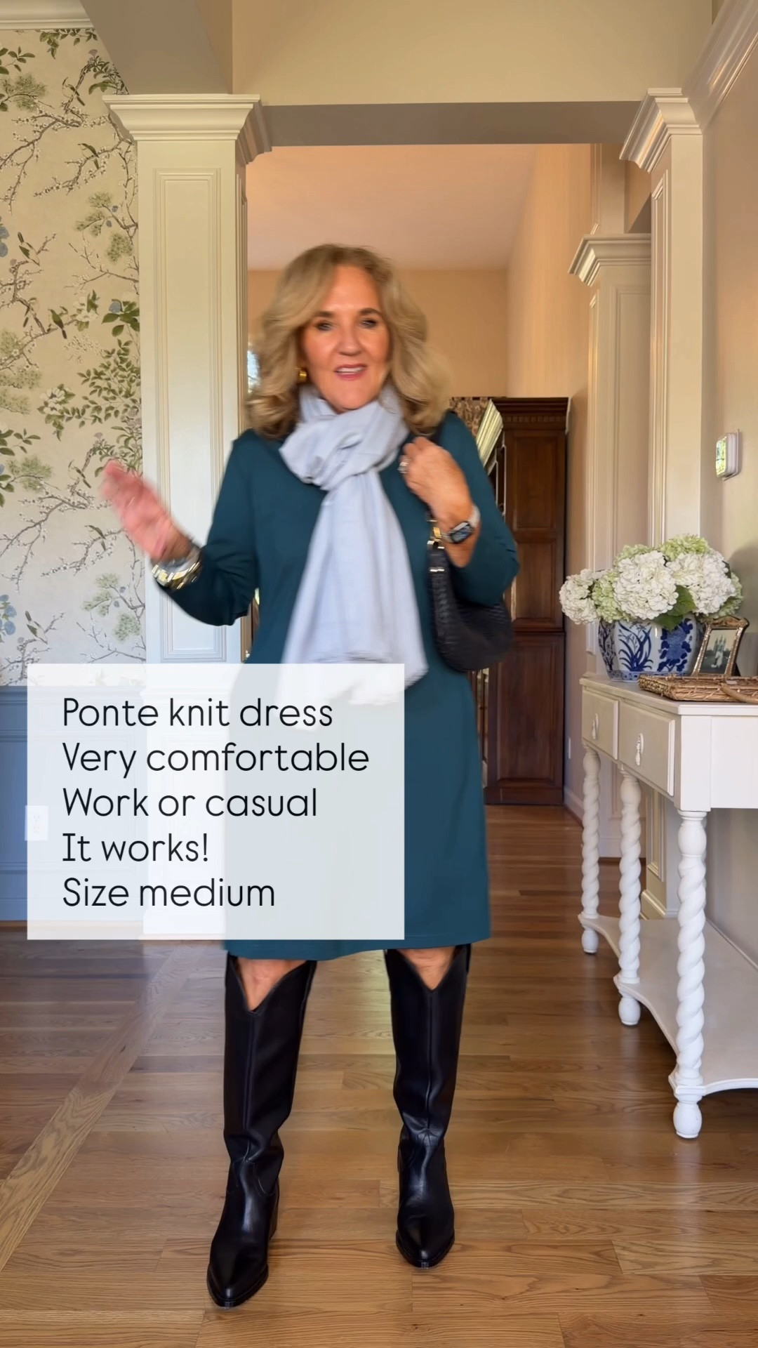 @Quince #quincepartner
Ponte knit dress with popped collar and open neck. I’m 5’3” and this hits right at my knee.
Wearing size medium in all 
Tall black leather boots size 10 (I sized up a ½)
Pink suede loafers true to size with socks or size down without, they do stretch