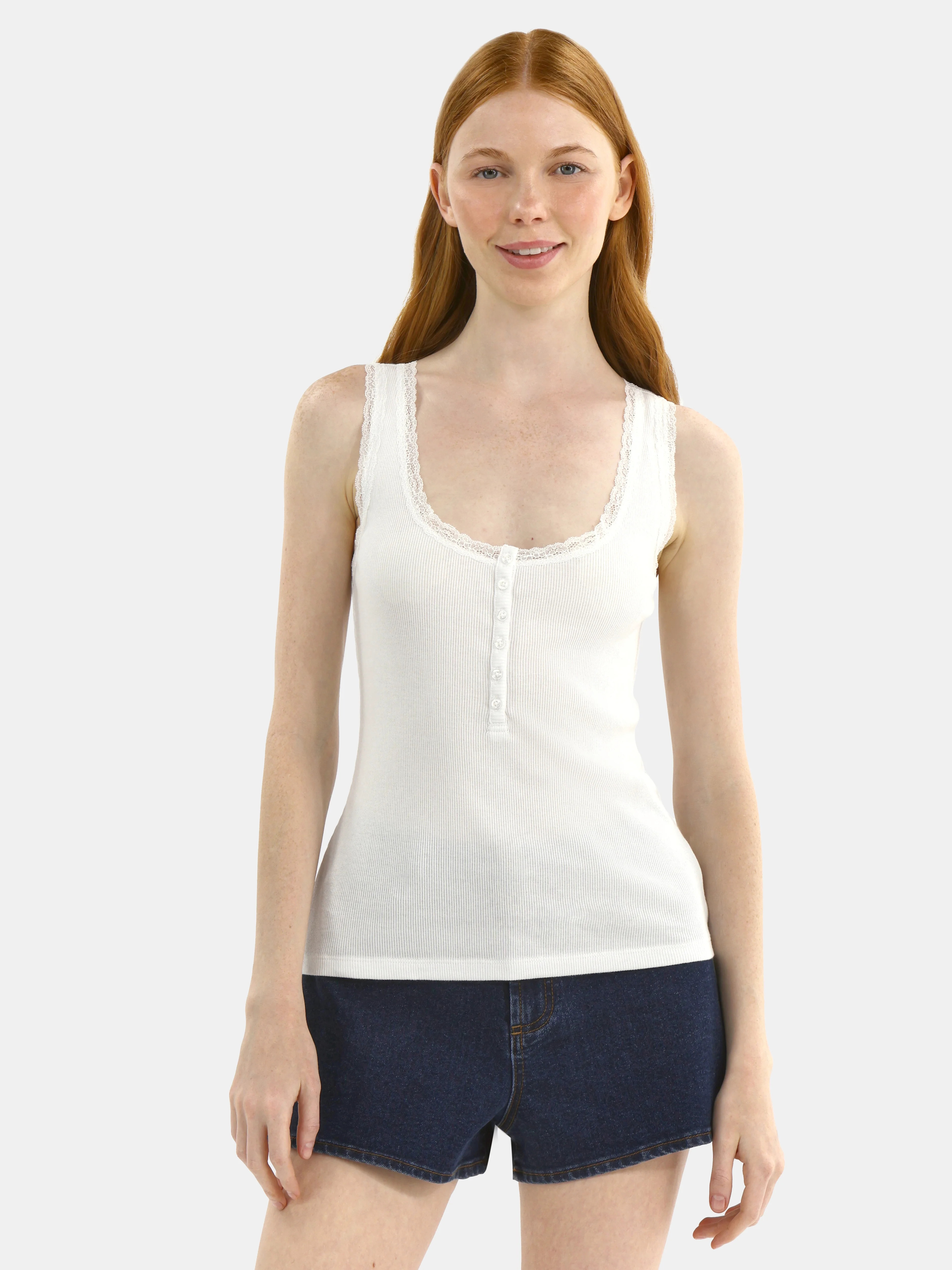 No Boundaries Lace Cotton Henley Tank, Women's | Walmart (US)