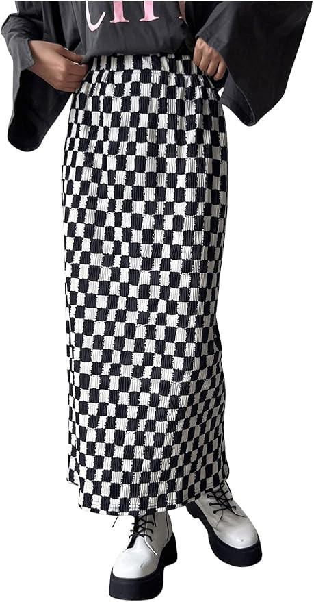 Floerns Women's Elastic Waist Plaid Skirt Checker Slit Hem Straight Long Skirt | Amazon (US)