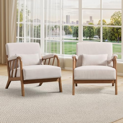 INZOY Accent Chairs Set of 2, Mid Century Modern Accent Chair with Wood Frame, Upholstered Reading Armchair with Corduroy Fabric, Accent Chair for Living Room Bedroom Apartment, Easy Assembly, Beige | Amazon (US)