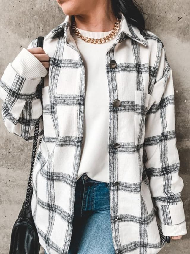 Meceku Womens Flannel Plaid Shirts Long Sleeve Casual Mid-Long Blouses Button-Down Shirts with Pocke | Amazon (US)