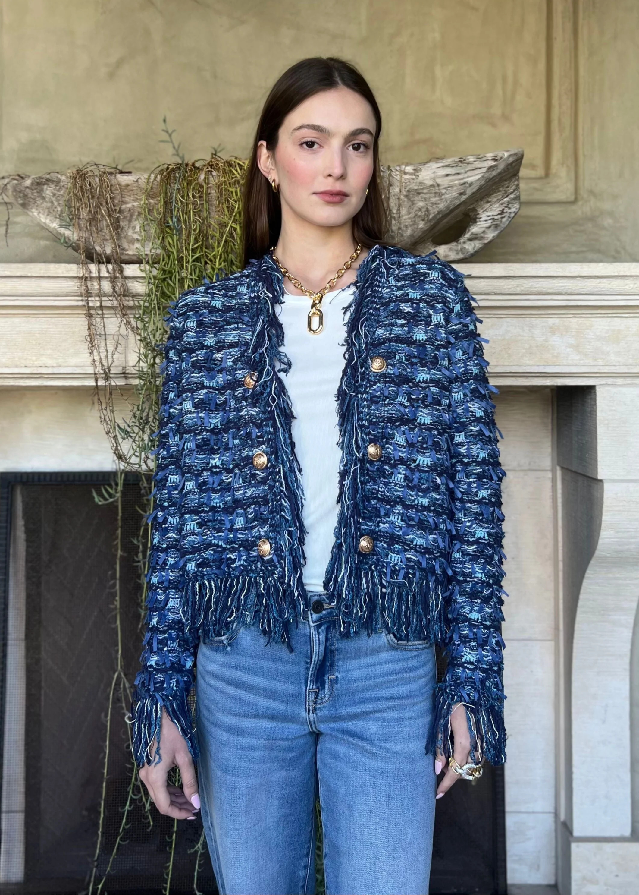 Khloe Open Front Fringe Jacket - Blue | Benaar La