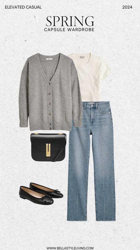Elevated casual spring capsule wardrobe outfit. Where straight leg jeans with white tea and oversized gray button-down cardigan with ballet flats.

#LTKfindsunder100 #LTKfindsunder50 #LTKstyletip
