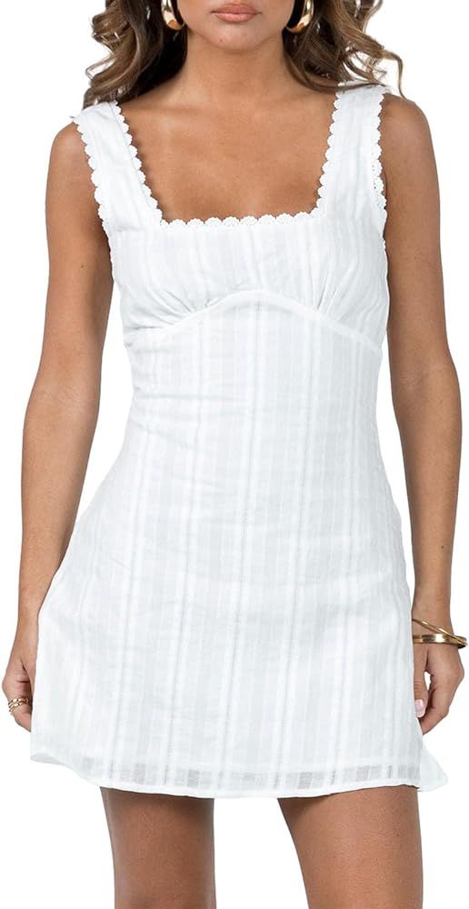 Women Square Neck Sleeveless Mini Dress Lace Trim Backless A-line Tank Dress Summer Zip Up Short ... | Amazon (US)