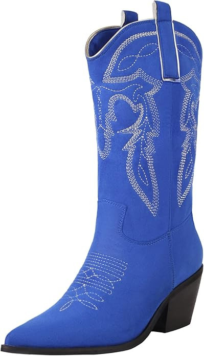 Reitoye Women's Embroidered Western Cowboy Boots Mid Calf Chunky Heel Pull-Up Tabs Classic Cowgir... | Amazon (US)