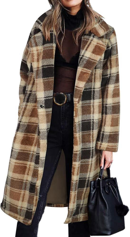 Angashion Women's Fuzzy Fleece Lapel Open Front Long Cardigan Coat Faux Fur Warm Winter Outwear J... | Amazon (US)