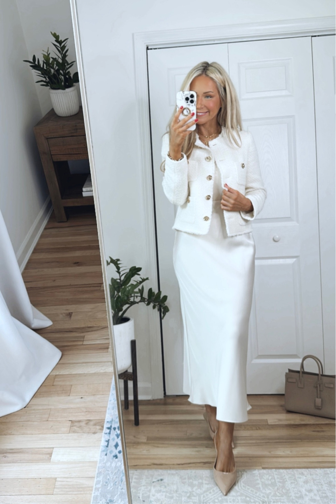Classy work outfit
Neutral work wear
Tweed jacket
Satin skirt outfit 

#LTKworkwear