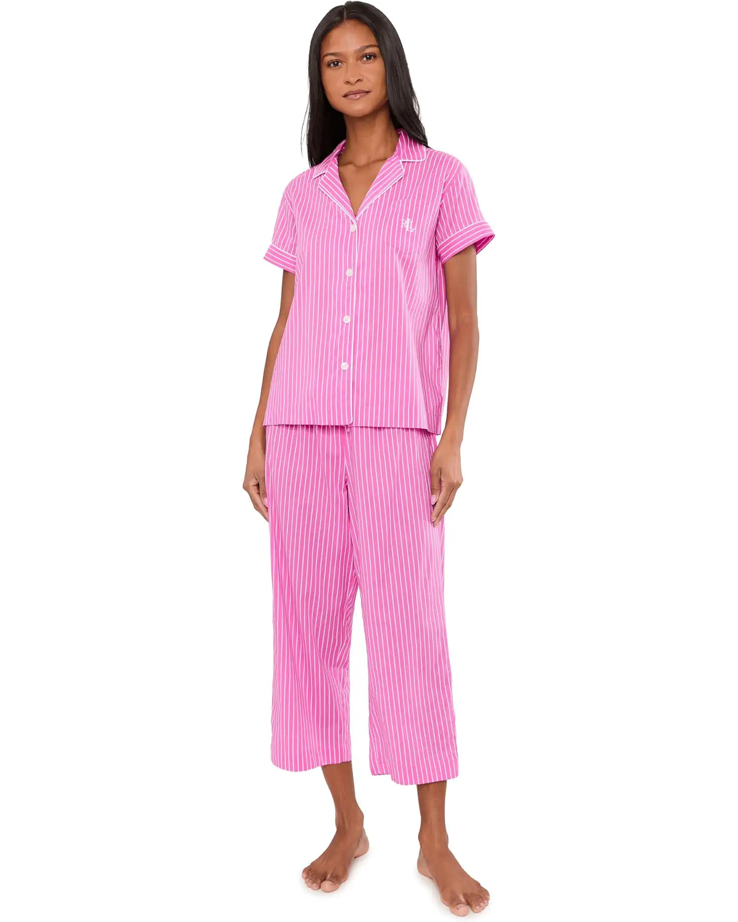 Women's Lauren Ralph Lauren Short Sleeve Notch Collar Cropped Pants PJ Set | Zappos.com