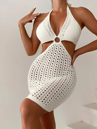 Ring Linked Cut Out Tie Backless Halter Cover Up Dress Without Bikini Bottom | SHEIN