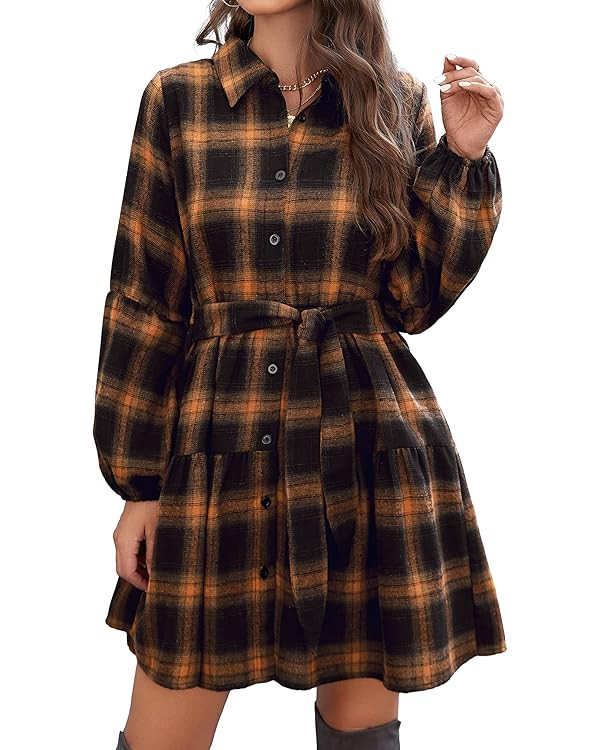 Blooming Jelly Womens Plaid Dresses Flannel Babydoll Dress Casual Tunic Dress Long Sleeve Fall Dr... | Amazon (US)