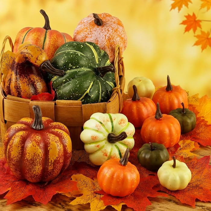 HAKACC 14 PCS Artificial Lifelike Simulation Mixed Pumpkins Fake Pumpkins with 30PCS Fake Maple Leaves Festival Thanksgiving Fall Harvest Home Decoration | Amazon (US)