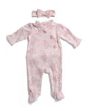 Newborn Girls Floral Footie With Chiffon Flower Appliques | TJ Maxx