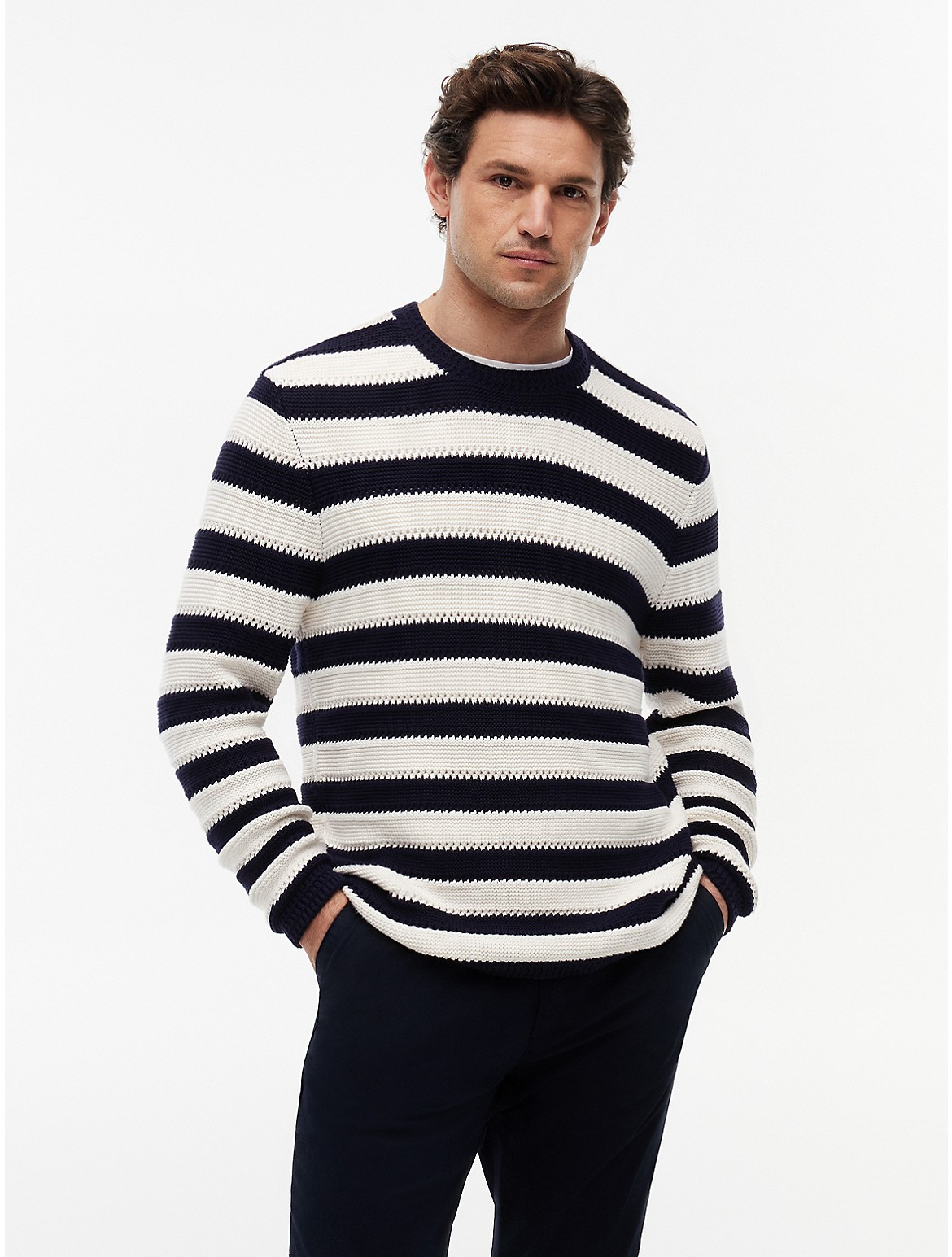 Tommy Hilfiger Men's Relaxed Fit Striped Crochet Sweater - Navy/Ivory Petal Stripe - L | Tommy Hilfiger (US)