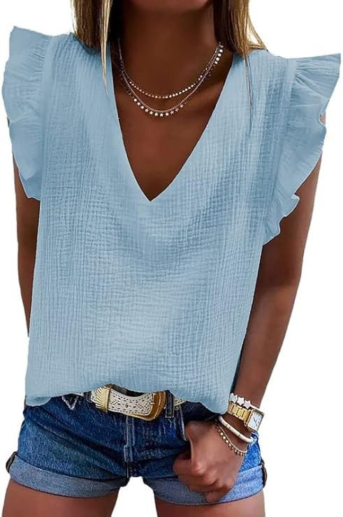 Dokotoo Womens 2023 Cute V Neck Ruffle Sleeveless Shirts Elegant Tank Tops Blouses | Amazon (US)