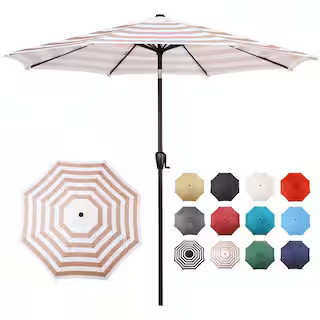 9 ft. Round 8-Rib Steel Market Patio Umbrella in Beige and White Stripe | The Home Depot