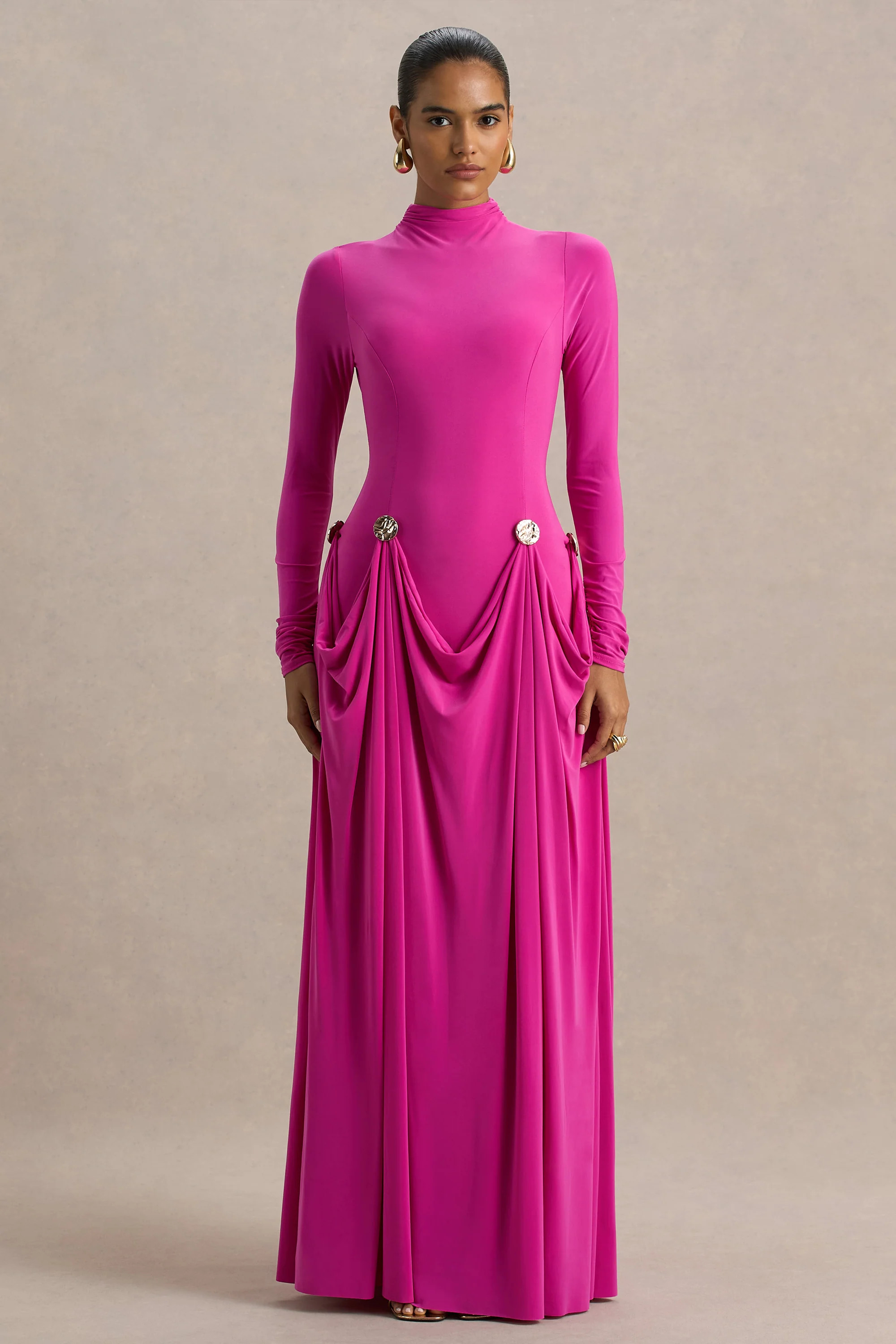 Caprice  Hot Pink High-Neck Maxi Dress With Embellished Details | Club L London