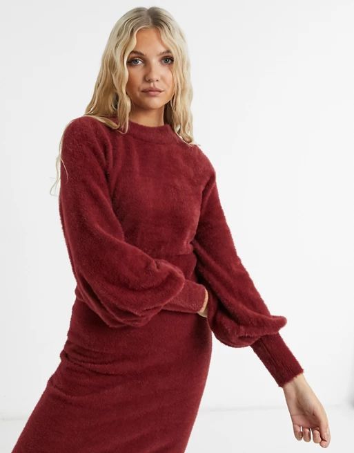 ASOS DESIGN set fluffy sweater with open back in dark red | ASOS (Global)